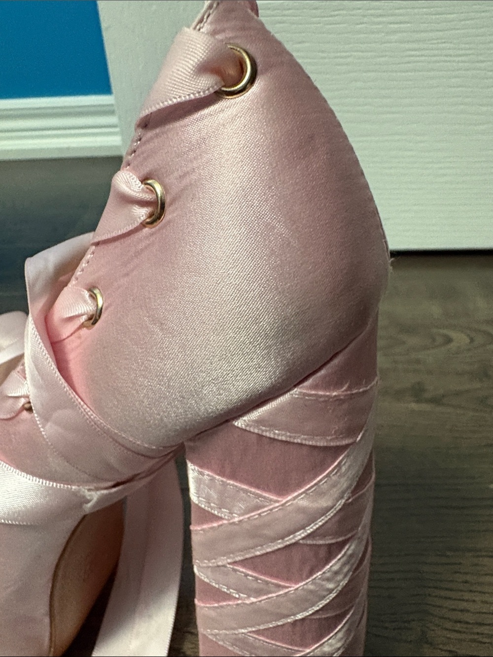 Pink Satin Ribbon-Wrapped Platform Block Heels - Picture 7 of 8